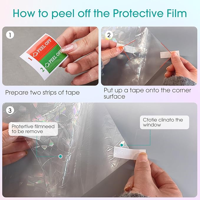 Beautyhero Window Privacy Film, Rainbow Reeded Glass Cling, 3D Decorative Coverings with UV Blocking, Static Cling for Bathroom Doors Cabinet