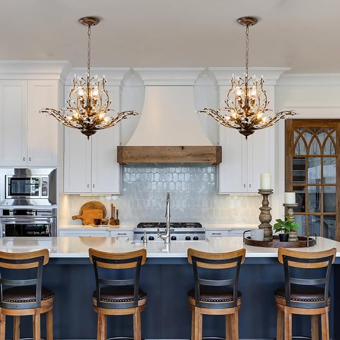 Vintage Farmhouse Chandelier 8-Light Crystal Branch Pendant Lights for Living Room Dining Room Porch Kitchen Island Bedroom Restaurant, Aged Bronze