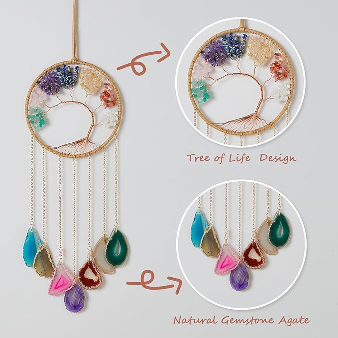 Rainbow 7 Agates Gemstone Dream Catcher 7 Chakras Tree of Life Dream Catcher with Healing Crystal Stones Handmade Dreamcatcher Wall Decor for Adults Boys Girls,Bedroom,Wedding,Garden,Bless Gift