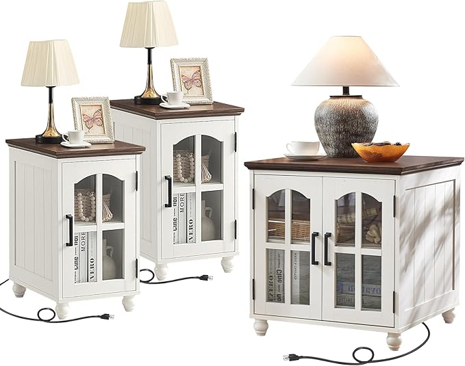 Farmhouse End Table Set of 3 with Charging Station, 18'' Narrow Side Table and 24" Large Sofa Side Table with Glass Barn Door Storage, Wood Night Stand Bedside Table for Living Room,Bedroom