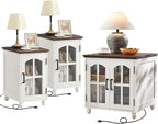 Farmhouse End Table Set of 3 with Charging Station, 18'' Narrow Side Table and 24" Large Sofa Side Table with Glass Barn Door Storage, Wood Night Stand Bedside Table for Living Room,Bedroom