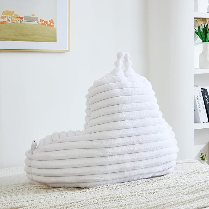 Faux Fur Fluffy White Reading Pillow with Pockets, Luxury Striped Plush Decorative, Arm Rests and Back Surport for Bed Rest, Lounging on sofa, Large