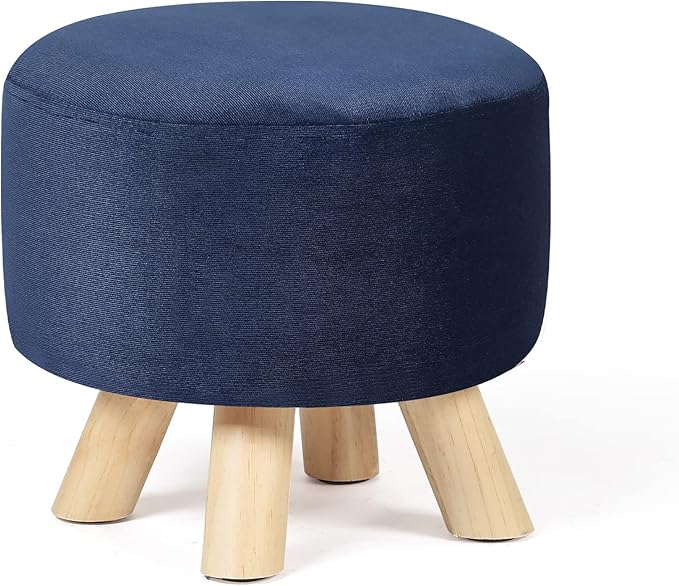 Asense Small Round Ottoman Foot Rest Stool Corduroy Fabric Padded Seat Footstool Ottoman with Anti-Slip Wooden Legs (Navy Blue,Corduroy)