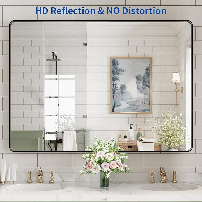 WEER Black Bathroom Mirror for Wall, 50X36 Inch Matte Black Mirror, Rectangular Black Metal Framed Vanity Mirror with Tempered Glass, Rounded Corner, Anti-Rust (Horizontal/Vertical)