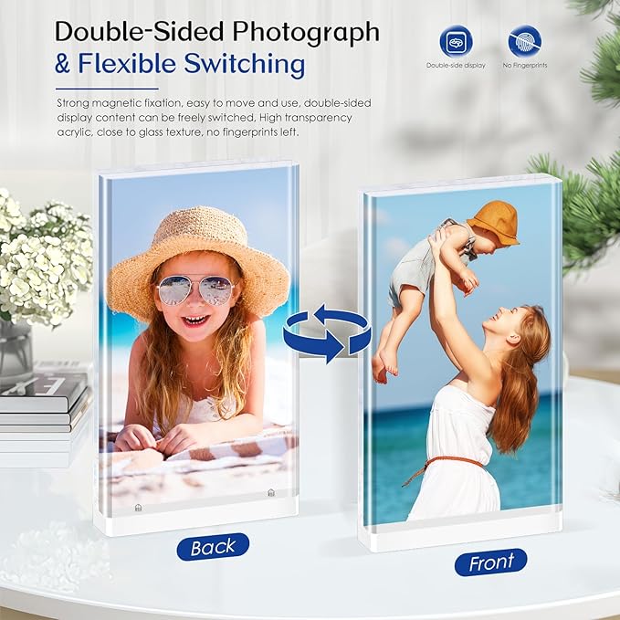5x7 Acrylic Picture Frame, 4-Pack Magnetic Free-Standing Double-Sided Vertical Display, Clear Frameless Panels, Discreet White Base for Desk/Tabletop, Home & Office Decor