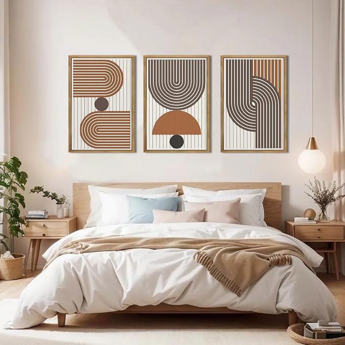 Mid Century Boho Modern Wall Art Set Abstract Geometric Wooden Wall Decor Minimalist Line Neutral Artwork Mid Century Wood Art Decor for Living Room Bedroom Office-16x24Inch x3