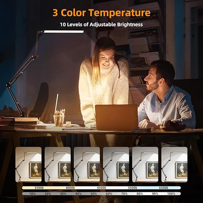 NOEVSBIG LED Desk Lamp with Clamp,2-in-1 Clamp on Desk Lamps with Base,50.7" Adjustable Swing Arm Architect Desk Lamp,Memory Function Desk Lights for Home Office,Workbench,Reading,Craft,Drafting