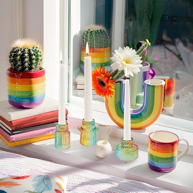 Double Sided Vintage Ribbed Taper Glass Candle Holders,Tea Candle Holder for Table Centerpieces, Wedding Decorations and Dinner Parties (Rainbow, 6 PCS)