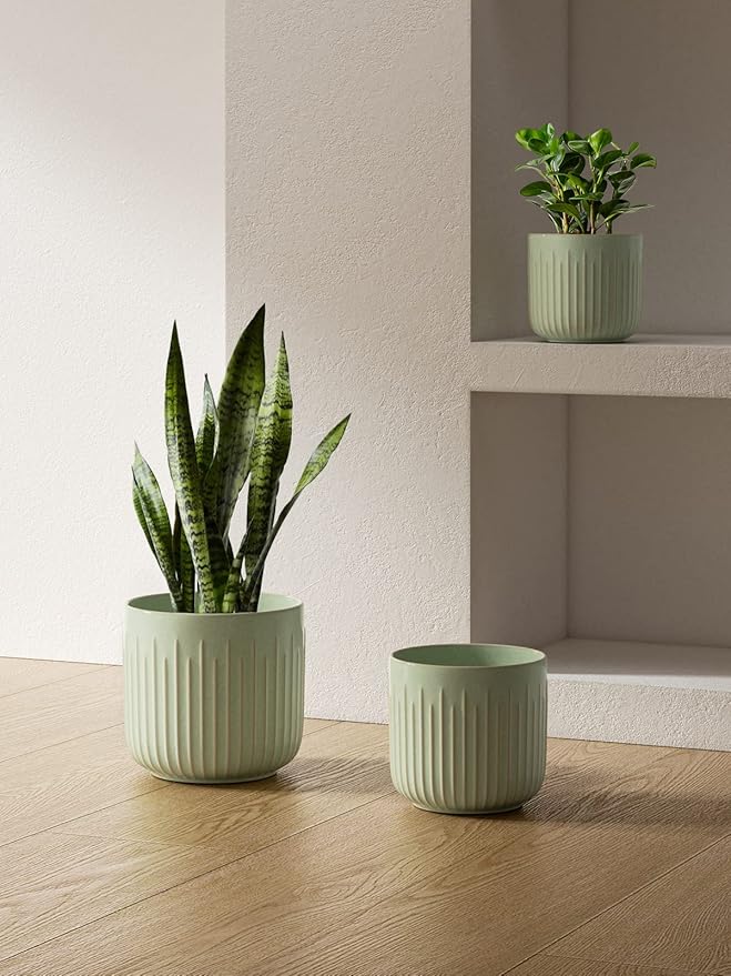 LE TAUCI Fluted Ceramic Planters Set of 3 – 8.3/7 / 5.7 in Sage Green Reactive Cylinder Indoor Plant Pots with Drainage Plug & Mesh, Glossy Stoneware Flower Pots for Succulents Herbs