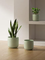 LE TAUCI Fluted Ceramic Planters Set of 3 – 8.3/7 / 5.7 in Sage Green Reactive Cylinder Indoor Plant Pots with Drainage Plug & Mesh, Glossy Stoneware Flower Pots for Succulents Herbs