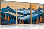 Blue Woodcut Mountain Framed Canvas Wall Art Set, Boho Abstract Ridge Wall Decor, Pine Tree Landscape Wall Painting, Sunrise Forest Art Print for Living Room, Bedroom, Office - 16"X24"X3