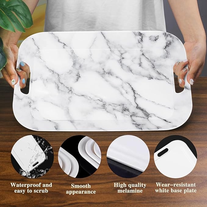 Serving Trays with Handles, 14.5 x 9.8 inch Rectangular Plastic Tray for Restaurant, Kitchen, Gray White Marble