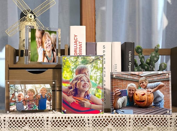 ILYXY 5 Pack Acrylic Frame 8x8, 20% Thicker, 24mm Thick Frameless Clear Square Picture Frame, Double Sided Magnetic Photo Frame, Free Standing Desktop Display Stand Acrylic Picture Frames