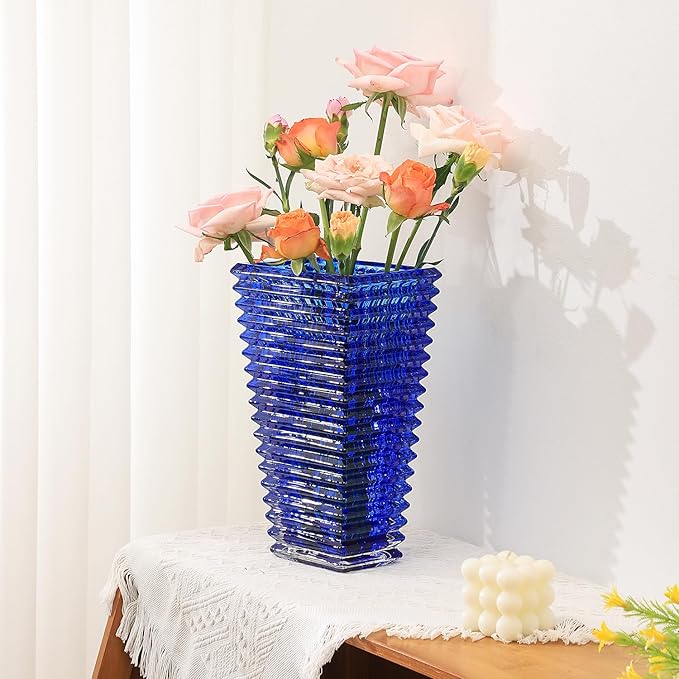MCMCNCUIU Crystal Glass Vase, Large Crystal Vases for Flowers, Large Flower Vase, Blue Modern Vases for Living Room, Bedroom, Kitchen, Dining Table, Mantle, Wedding, 11 Inches