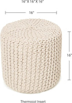 REDEARTH Cylindrical Hand Knitted Pouf - Foot Stool Ottoman - Cord Boho Pouffe - Cotton Round Poof for Home Decor - Living Room - Nursery - Bedroom - Patio (16" x 16" x 16") - Ivory