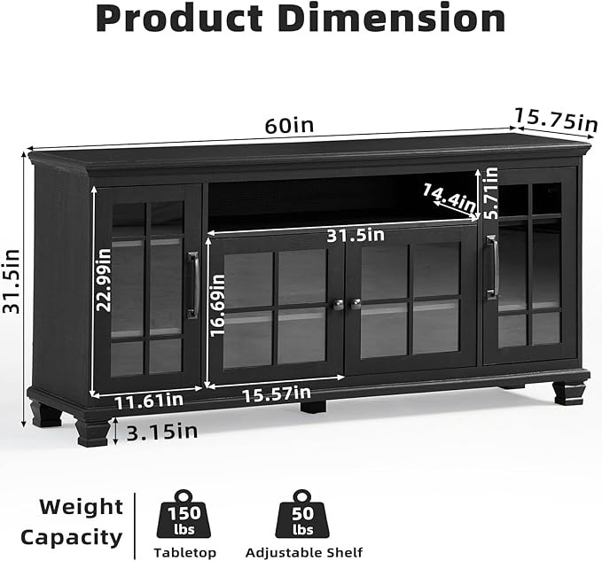 Large Black Sideboard Buffet Cabinet with Storage, Vintage Farmhouse 60" Wide Credenza Accent Cabinets with Glass Doors & Wood Legs, Kitchen Console Bar Table for Dining Room, Living Room