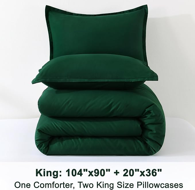 Litanika Dark Emerald Green King Comforter Set, 3 Pieces Solid Forest Bedding Set, All Season Fluffy Bed Set (104x90In Comforter & 2 Pillowcases)