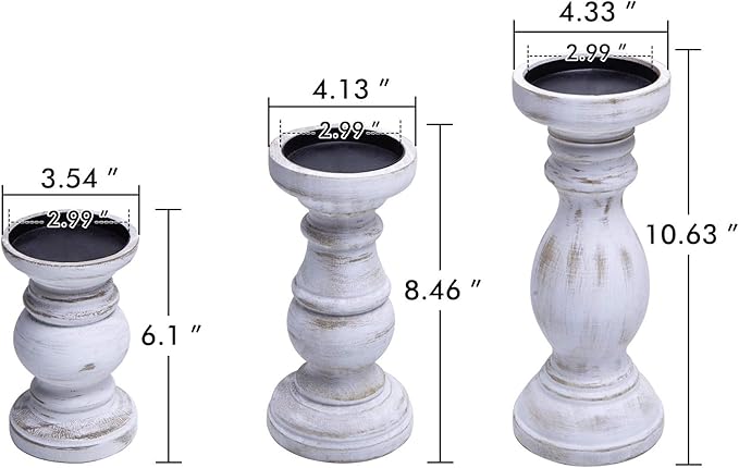 NIKKY HOME Pillar Candle Holder Set of 3 - Farmhouse Wood Candle Stand, Mantle Decor Centerpieces for Fireplace, Living or Dining Room Table, Distressed White