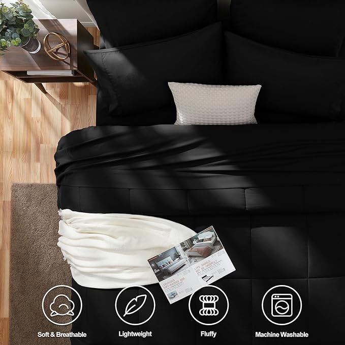 CozyLux Twin XL Comforter Set Black, 5 Pieces Twin Extra Long Bed in a Bag for College Dorm, All Season Bedding Set with Stitch Quilted Comforter, Flat Sheet, Fitted Sheet, Pillowcases