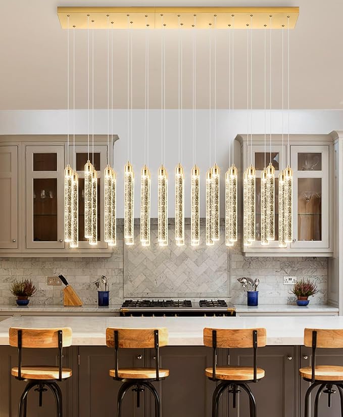 Rectangular Chandeliers 26-Lights Long Light for Entryway LED Dimmable Chandeliers Lighting Fixture Flat Sloped High Ceiling Pendant Lights Crystal for Living Room Foyer Hallway Staircase Gold