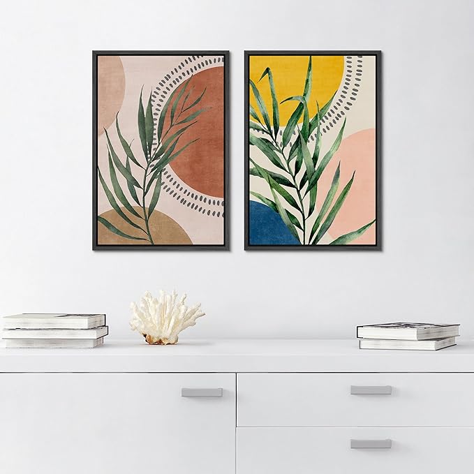 SIGNFORD Framed Canvas Print Wall Art Set Geometric Mid-Century Circle Plants Abstract Shapes Illustrations Modern Art Decorative Zen Bohemian for Living Room, Bedroom, Office - 24"x36"x2 Black