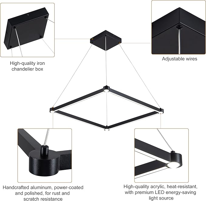 WELAKl Black Modern Square Chandelier, Square Ceiling Light Fixture, Contemporary Chandelier Pendant Light for Kitchen lsland, Dining Room, Bedroom