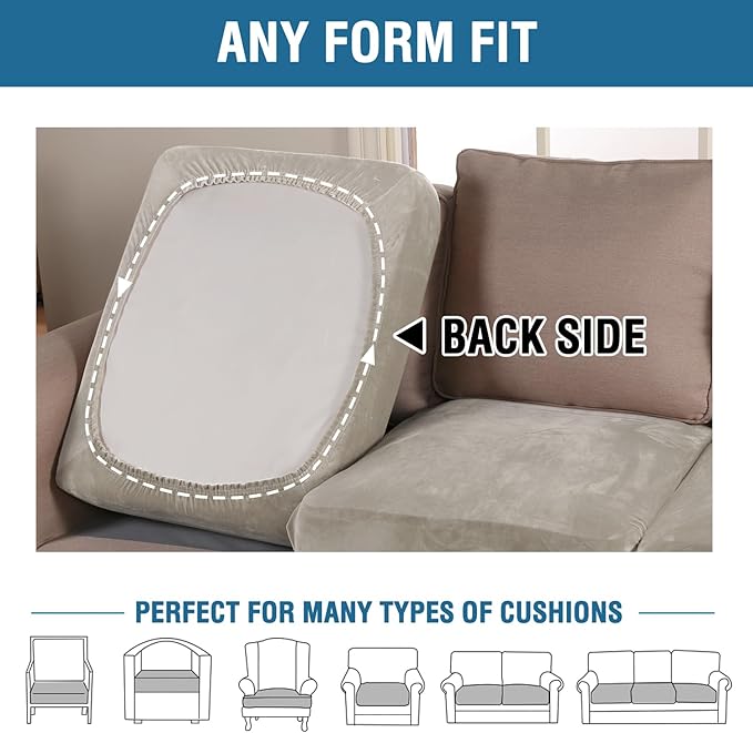 H.VERSAILTEX Velvet Stretch Couch Cushion Cover Plush Cushion Slipcover for Chair Loveseat Sofa Cushion Furniture Protector Seat Cushion Sofa Cover (3 Piece XL Sofa Cushion Covers, Oatmeal)