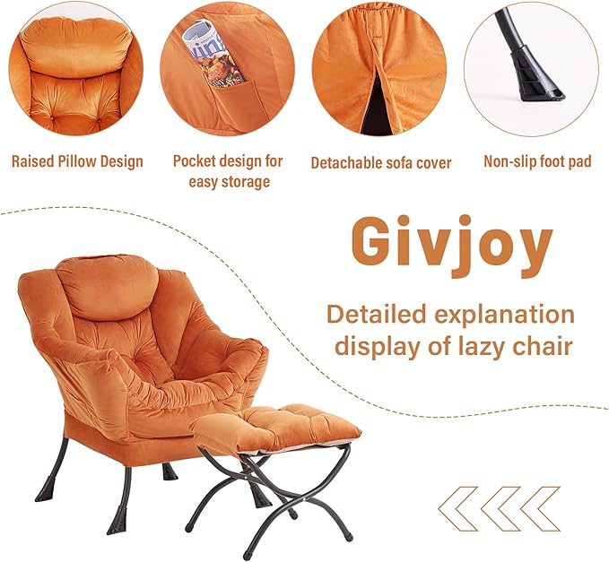 Lazy Chair and Ottoman, Large Accent Lounge Chair with Armrests and a Side Pocket, Modern Leisure Upholstered Sofa Reading Armchair with Footrest for Bedroom, Living Room, Dorm Rooms, Office