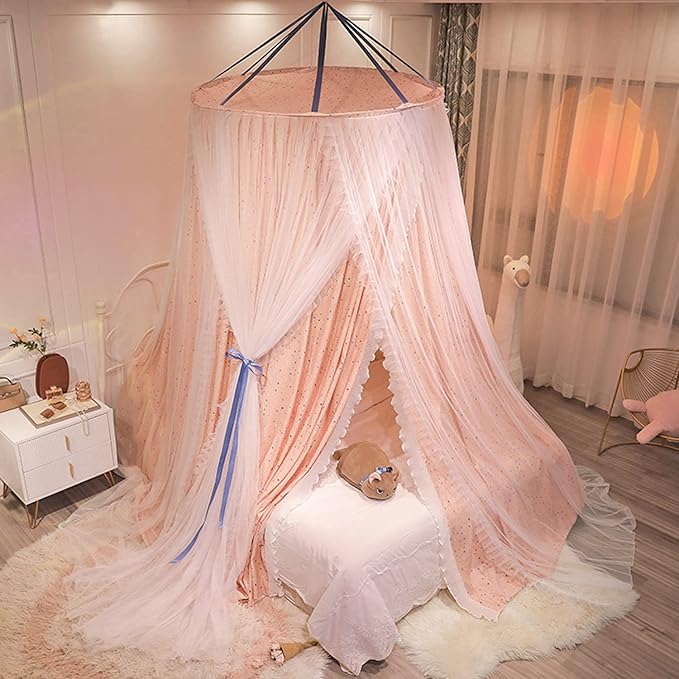 Kertnic Luxurious Bed Canopy for Girls & Adults, Large Elegant Double Layer Bed Curtain Canopy Drapes, Round Dome Lace Princess Canopies Netting (Star)