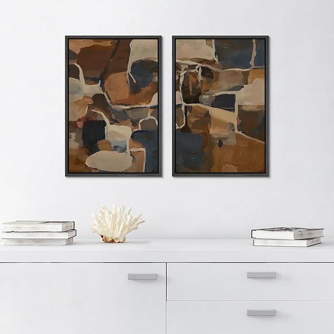SIGNFORD Framed Canvas Print Wall Art Set Earthy Tones Abstract Layers Modern Brown and Blue Color Block Illustrations Modern Art Decorative for Living Room, Bedroom, Office - 24"x36"x2 Black
