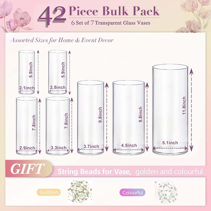 42pcs Glass Vase Cylinder Vases for Centerpieces Small Flower Glass Clear Vases Home Decor Centerpiece Table Flower Vase Decorations for Wedding Decoration＆Holiday 7 Vases of Different Sizes