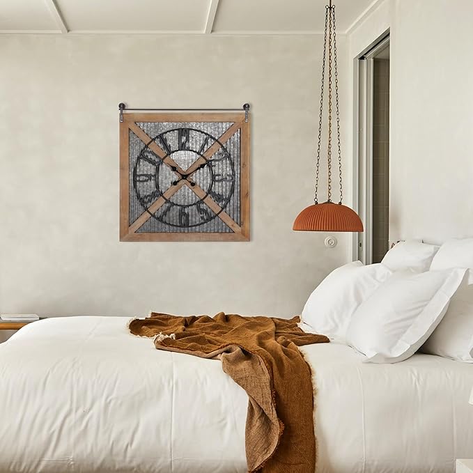 Oakrain Rustic Large Wall Clock, Classic Vintage Hanging Clock, Silent Non-Ticking Square Wall Clock for Living Room Bedroom Office, Numeral, Brown, 27''x29''