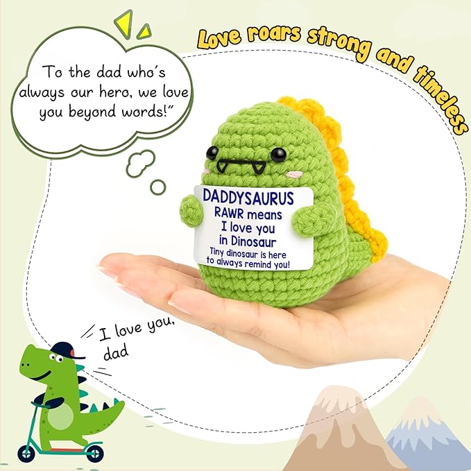 OCCdesign Mini Dad Gifts for Christmas Funny Gifts for Dad from Daughter Son RAWR I Love You Daddy Cute Handmade Crochet Small Dinosaur for Daddy New Bonus Step Dads Father in Law