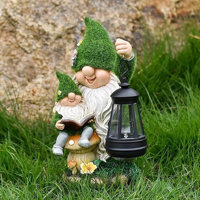 Solar Garden Gnome Statue Flocked Reading Parent & Child Gnomes with LED Light, Outdoor Waterproof Lawn Ornament Decor for Patio Lawn Yard Pathway Gift Idea for Women Mom Mothers Day