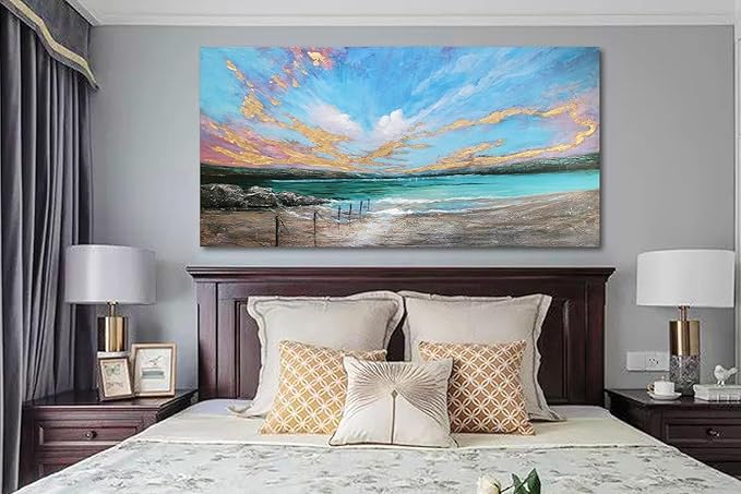 Arjun Ocean Teal Wall Art Canvas Coastal Beach Painting Blue Turquoise Landscape Sunset Picture, Panoramic Gold Foil Textured Large Artwork Framed for Living Room Bedroom Bathroom Wall Decor 48"x24"