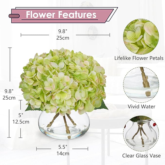 Hollyone Hydrangea Artificial Flowers with Glass Vase Green Silk Faux Flowers Arrangements in Vase with Faux Water Fake Floral Bulk Bouquet for Home Decor Table Centerpiece Decorations