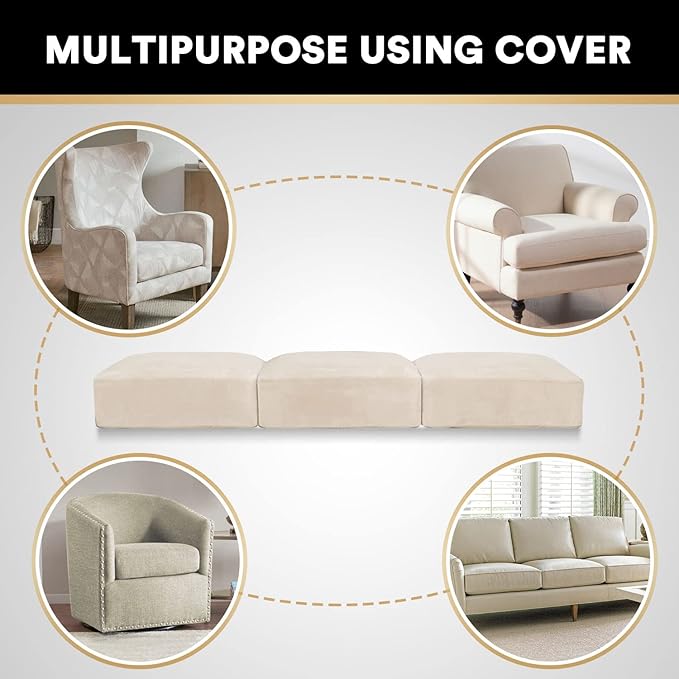 PrinceDeco Sectional Couch Cushion Covers 3 Pieces Velvet Separate Couch Cover Extra Large Stretch Sofa Slipcover Washable Furniture Protector for Sectional Sofa(Each Width Up to 40", Ivory)