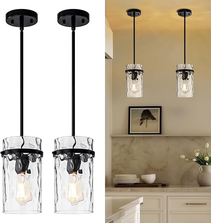 Black Hammered Hand-Blown Glass Pendant Light Modern Pendant Lights Kitchen Island, Hammered Glass Pendant Light Fixtures Farmhouse Dining Room Light Adjustable Pendant Lighting Over Sink 2 Pack