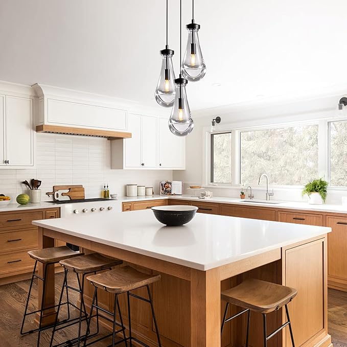 Raindrop Pendant Light Kitchen Island, 3 Lights Black Pendant Lights for Dining Room, 3-Light Bronze Pendant Lighting For Bedroom, Cluster Pendant Light for Bathroom, Livring Room Includes Bulb