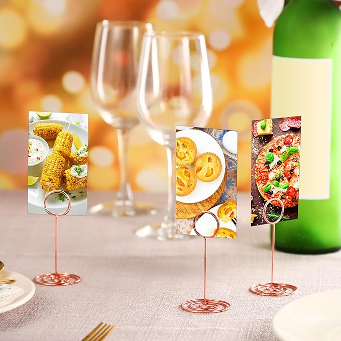 TecUnite 24 Pieces 3.35 Inch Table Number Holder Place Card Photo Holder Picture Name Menu Clips Memo Cards Stand for Wedding Reception Anniversary Birthday Party Centerpieces (Rose Gold)