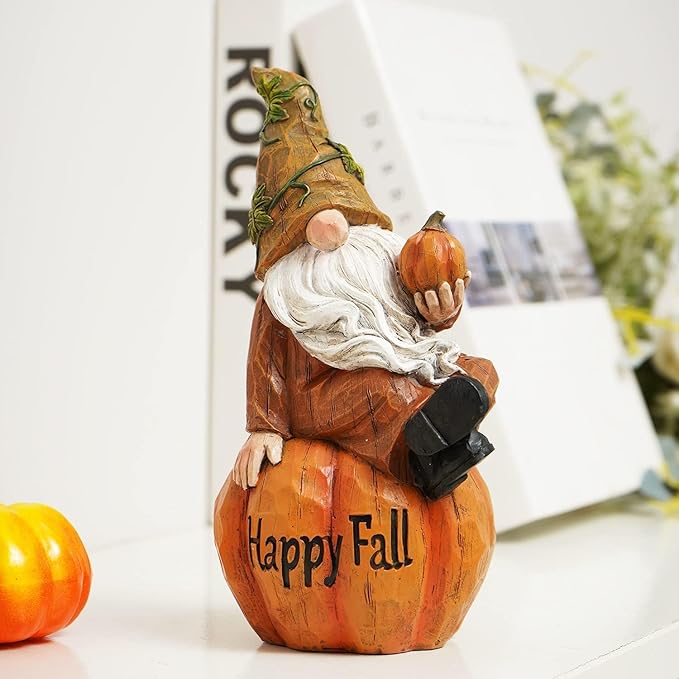 Topadorn Fall Garden Gnome Figurine Sitting on Pumpkin Statue Autumn Harvest Garden Gnomes Statue Figurine for Patio Yard Lawn Porch Decoration, Happy Fall