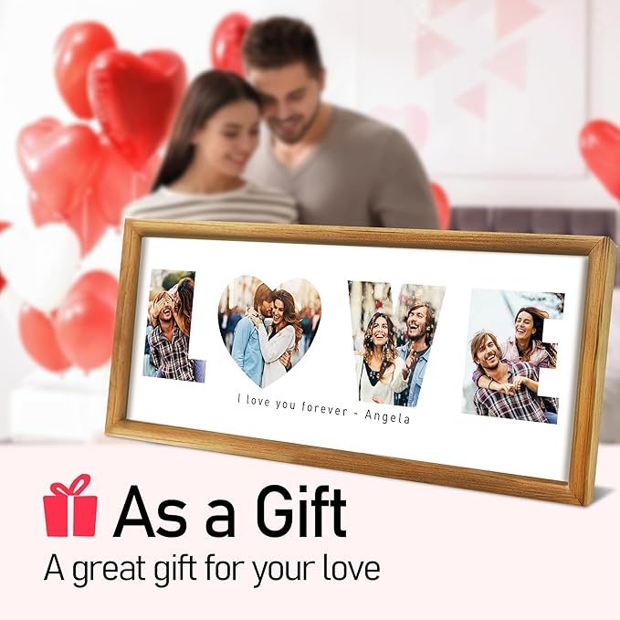 Gifts for Him/Her - Personalized Photo Frame with LOVE Letters Design, Natural Wood, Wall Mount or Tabletop Display, Gifts for Boyfriend Girlfriend Anniversary Birthday Valentine's