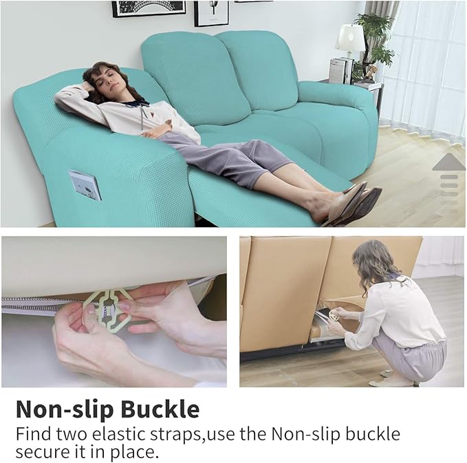 Easy-Going 8 Pieces Recliner Sofa Stretch Sofa Slipcover Sofa Cover Furniture Protector Couch Soft with Elastic Bottom Kids, Spandex Jacquard Fabric Small Checks Light Green