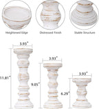 SWALLOWLIVING Rustic Farmhouse Wood Pillar Candle Holder Set of 3 for Candlestick, White
