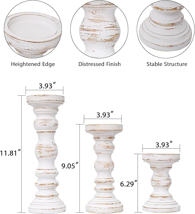 SWALLOWLIVING Rustic Farmhouse Wood Pillar Candle Holder Set of 3 for Candlestick, White