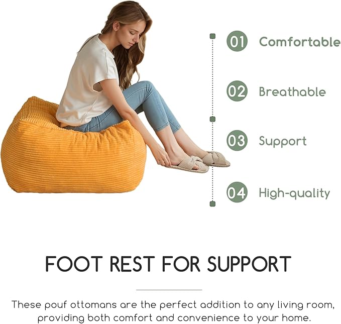 HIGOGOGO Square Stuffed Pouf Ottoman, Corduroy Poufs with Foam Chunk Filling, Furry and Fluffy Pouf Foot Stool Storage Ottoman, 21 X 21 Floor Poufs Foot Rest for Living Room, Orange