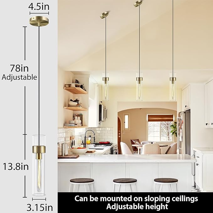 Modern Glass Brass Pendant Lights Kitchen Island, Adjustable Cord Pendant Light Fixtures, Kitchen Pendant Lighting Over Island, Indoor Chandelier for Bedroom Bathroom, Included Bulb