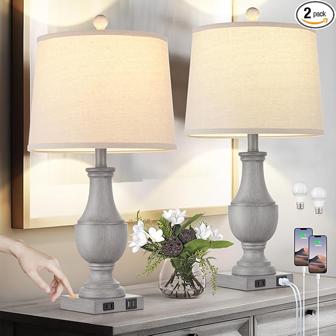 Farmhouse Table Lamps for Living Room, Rustic 26" Touch Control Bedside Lamps with USB A+C Charging Ports & AC Outlet, Vintage 3-Way Dimmable Nightstand Lamp Linen Fabric Shade for Bedroom End Table
