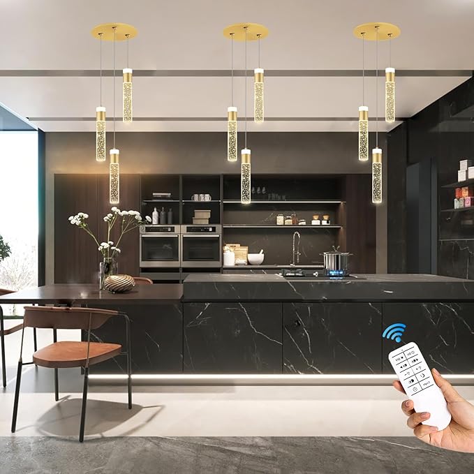 Dimmable 3-Light Pendant Lights Kitchen Island Crystal Hanging Light Modern Ceiling Light for Dinning Room Living Room 24W Gold