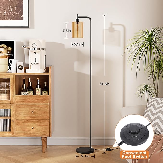 Floor Lamps for Living Room - Standing Lamp with Amber Glass Shade, Modern Floor Lamp with LED Bulbs, Industrial Floor Lamp for Bedroom, Black Tall Lamp for Office(Light Bulb Included)